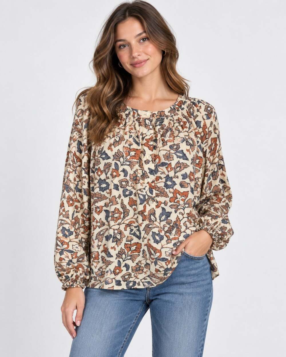 Faherty Linen Blend Brown Blue Floral Top Small